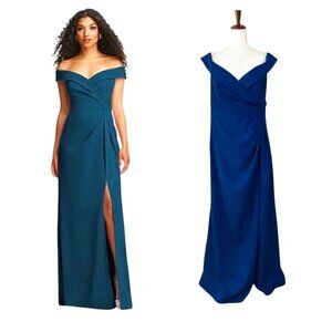 After Six Atlantic Blue Formal Gown Size 8R Off-The-Shoulder Slit Maxi Dress